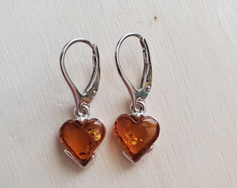 Baltic Amber Heart Earrings/ Amber Heart Lever Back Earrings/ Sterling Silver/Gift For Her/A4