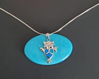 Dark Blue Opal Owl Pendant/ Blue Fire Opal Owl Necklace/ Blue Opal Necklace/ Sterling Silver Pendant/ Owl Lover/A106