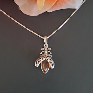 Dainty Baltic Amber Bee Pendant w Chain/ Amber Pendant Necklace/Baltic Amber Pendant/Sterling Silver Pendant/Gift For Her/P75