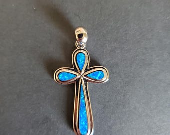 Blue Fire Opal Cross Pendant/Opal Inlay Cross Necklace/Opal Pendant/Cross Necklace with Chain/Sterling Silver Birthstone Pendant/A53