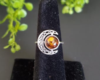 Celtic Moon Baltic Amber Ring/Nature Sterling Silver Ring/ Dainty Amber Ring/Gift/P122