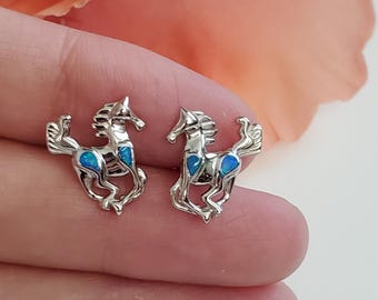 Blue Fire Opal Horse Earrings/ Blue Opal Inlay Studs/ Opal Earrings/Running Horse Studs/ Sterling Silver/ Gift For Her/ A2