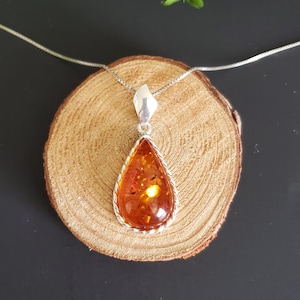 Amber Teardrop Pendant/ Large Amber Pendant Necklace/Baltic Amber Pendant/Sterling Silver Pendant/Gift/P149