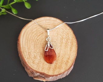 Baltic Amber Teardrop Pendant/ Dainty Amber Pendant Necklace/Baltic Amber Drop Necklace/Sterling Silver Pendant/Gift/P105