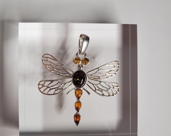 Dragonfly Amber Pendant/Large Amber Pendant Necklace/Baltic Amber Pendant/Sterling Silver Pendant/Gift For Her/P18