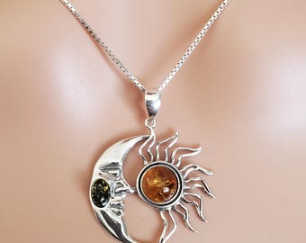 Baltic Amber Sun Moon Pendant/ Amber Necklace/Baltic Amber Pendant/Sterling Silver Pendant/Gift/P72