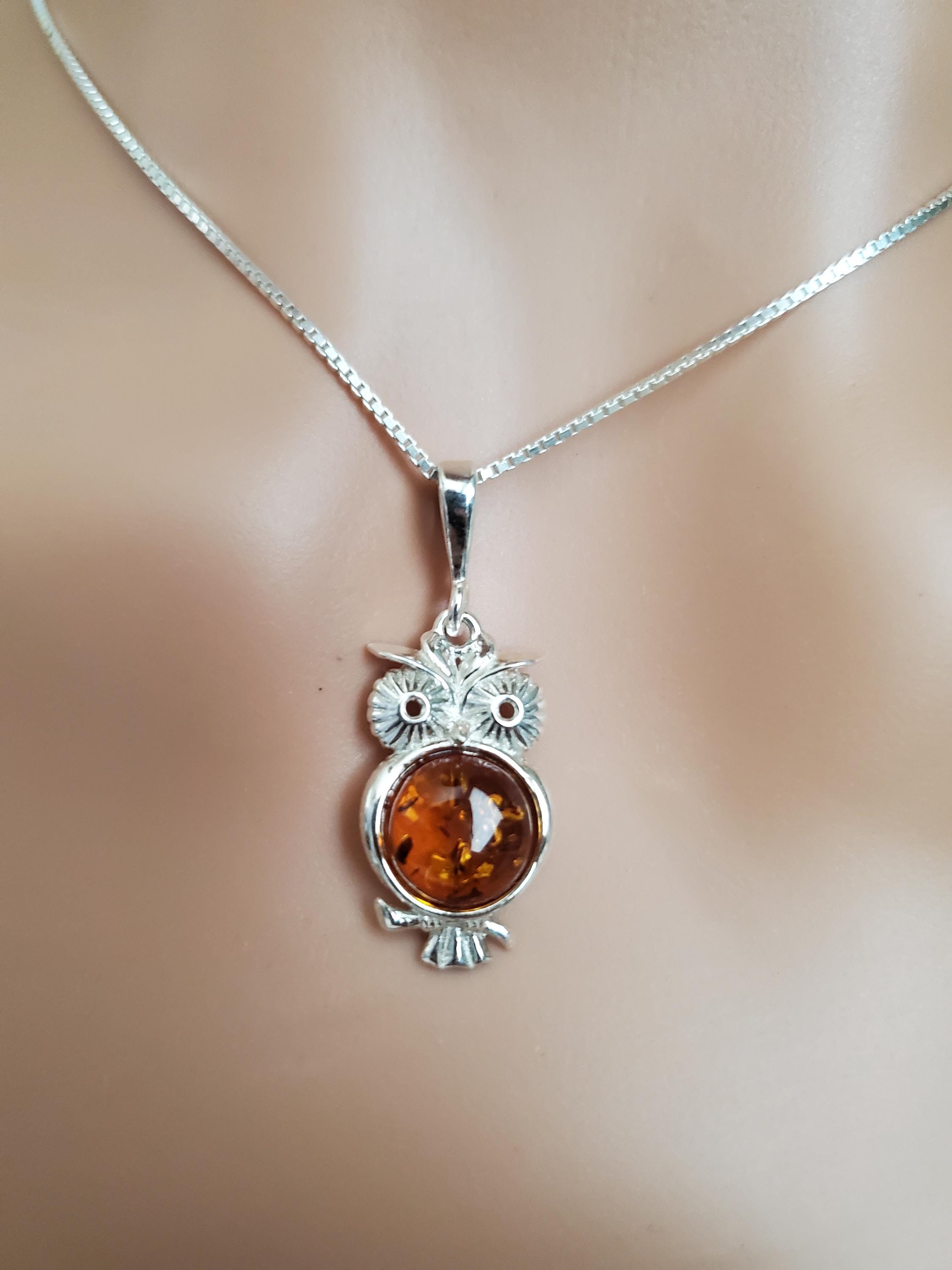 Amber Owl Necklace/ Amber Pendant Necklace/Baltic Amber Pendant/Sterling Silver Pendant/A34