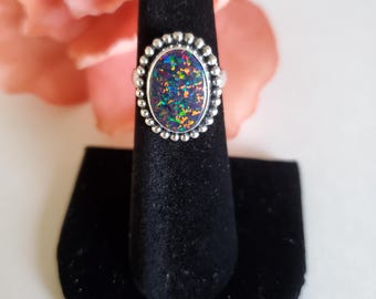Black Opal Ring/Boho Sterling Silver Ring/ Oval Ring/Small Opal Ring/October Birthstone Ring/Gift/T2