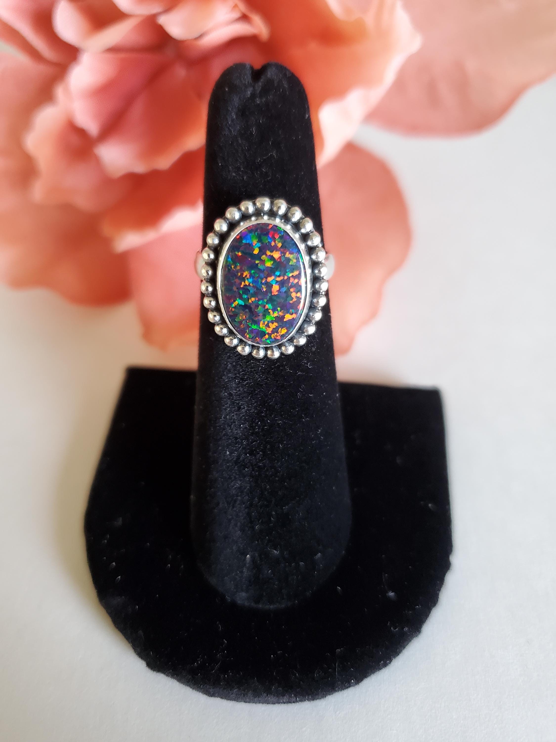 Black Opal Ring/Boho Sterling Silver Ring/ Oval Ring/Small Opal Ring/October Birthstone Ring/Gift/T2