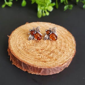 Baltic Amber Bee Stud Earrings/ Amber Bumble Bee Stud Earrings/ Dainty Bee Earrings/ Sterling Silver/Gift/P179
