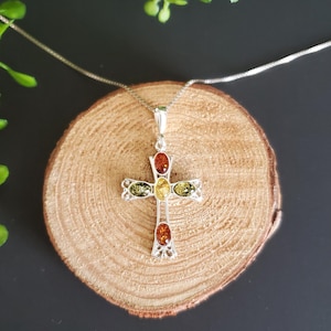 Amber Cross Pendant with Sterling Silver Chain/ Amber Pendant Necklace/Baltic Amber Pendant/Sterling Silver Pendant/P121
