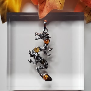 Baltic Amber Dragon Pendant/ Amber Necklace/Baltic Amber Pendant/Sterling Silver Pendant/Gift For Her/P13