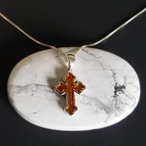Amber Cross Pendant with Sterling Silver Chain/ Amber Pendant Necklace/Baltic Amber Pendant/Sterling Silver Pendant/P68