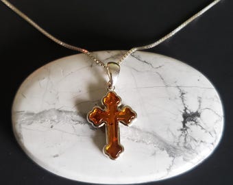 Amber Cross Pendant with Sterling Silver Chain/ Amber Pendant Necklace/Baltic Amber Pendant/Sterling Silver Pendant/P68