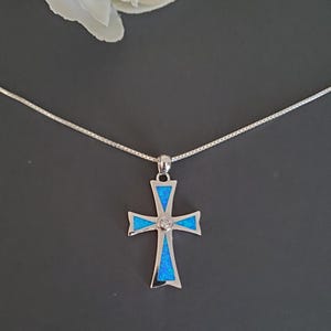 Blue Fire Opal Cross Pendant/Opal Inlay Cross Necklace/Opal Pendant/Cross Necklace with Chain/Sterling Silver Birthstone Pendant/A100