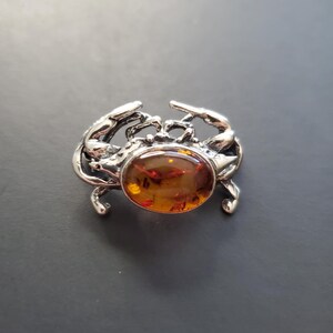 May include: A silver crab brooch with an amber gemstone in the center.