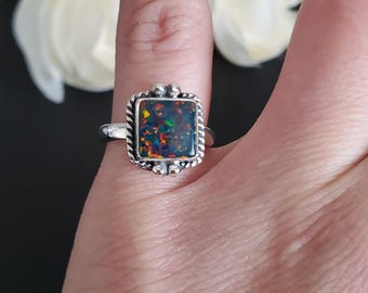 Black Opal Ring/Boho Sterling Silver Ring/ Square Ring/Small Opal Ring/October Birthstone Ring/Gift/T19