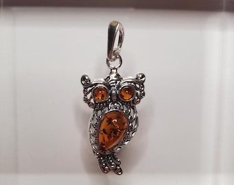 Owl Amber Pendant/ Medium Amber Pendant Necklace/Baltic Amber Pendant/Sterling Silver Pendant/Gift For Her/P6