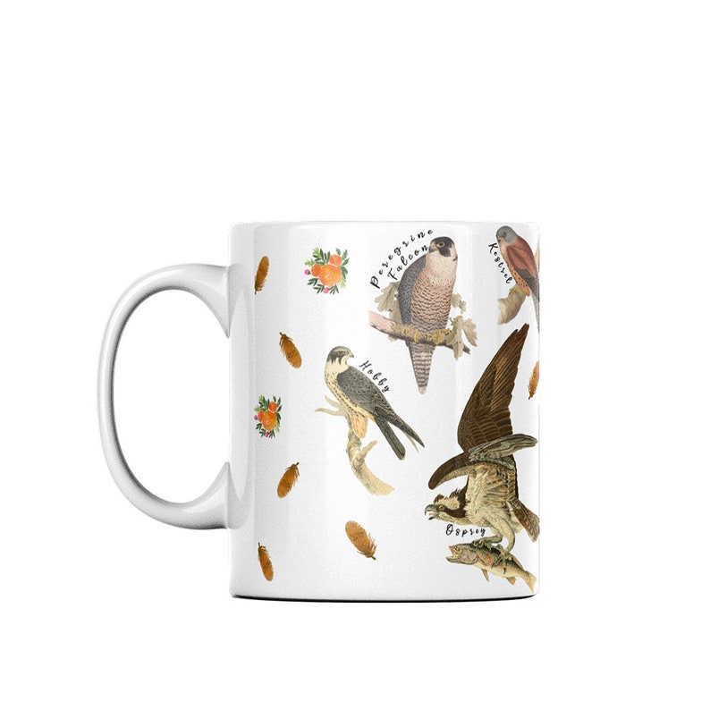 (Left side of mug) A white ceramic mug featuring labelled vintage art of carnivorous birds of prey. These include a hobby, peregrine falcon, osprey, 
kestrel, merlin, golden eagle, red kite, buzzard and sparrowhawk. Water colour feathers and flowers are arranged around the birds.
