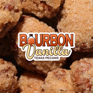 May include: Close-up of sugared pecans with a logo that reads "Bourbon Vanilla Texas Pecans".
