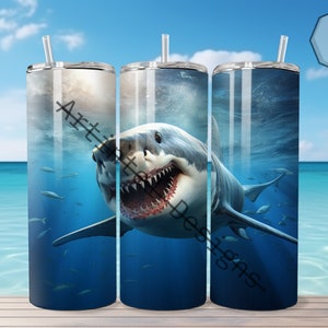 3D Weißer Hai 20 oz Skinny Tumbler Sublimation Design, Straight Wrap, Tumbler Wrap, Tumbler Png, Instant Download, Tierdesign.
