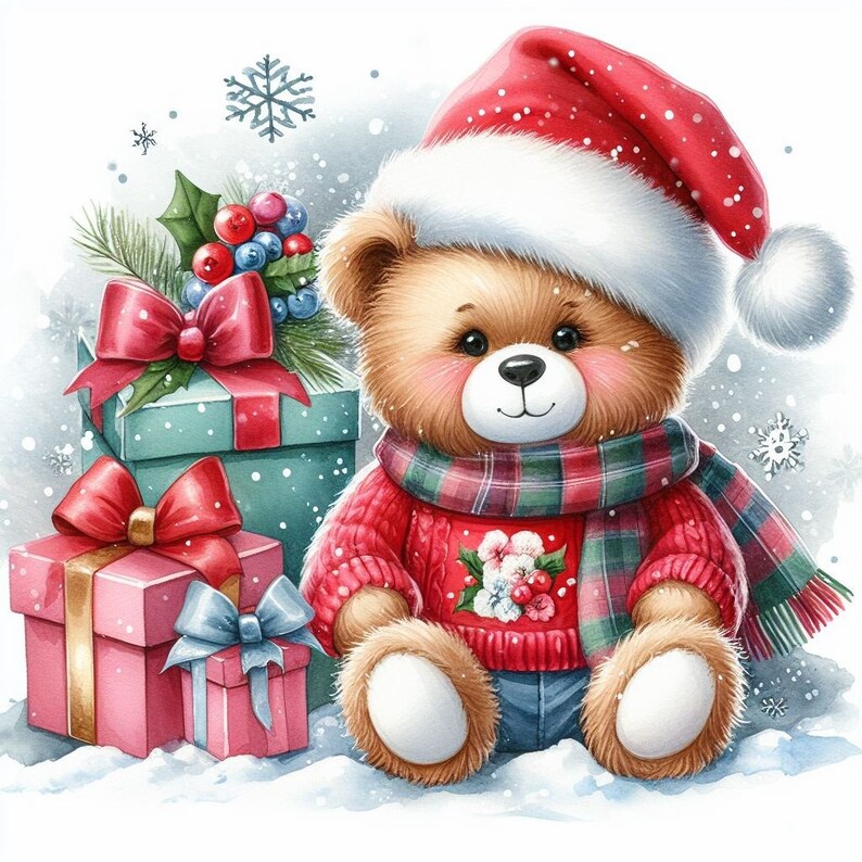 Merry Christmas Teddy Bear Watercolor Set, Digital Download for Card