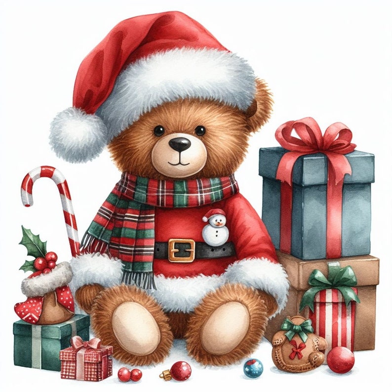 Merry Christmas Teddy Bear Watercolor Set, Digital Download for Card