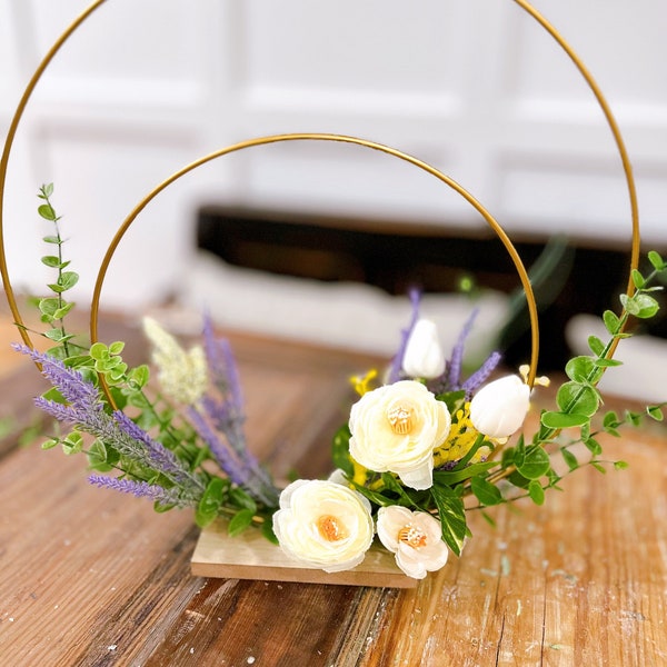 Modern Elegance Double Ring Floral Display | All-Season Tabletop Decor | Chic Gold Accent Piece | Wedding Centerpiece | Floral Centerpiece