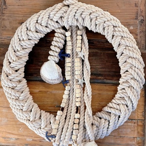 Nautical Rope Wreath with Seashells and Starfish, Maritime Beachfront Door Decor | New England Charm | Massachusetts Made | Coastal Wreath