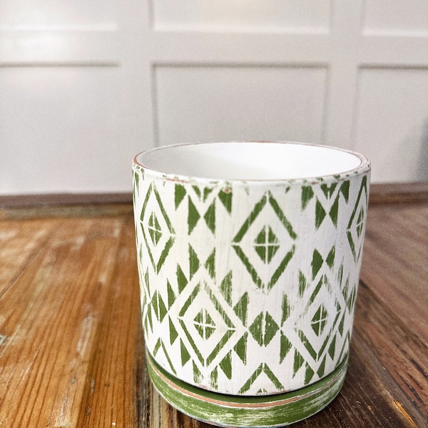 Geometric Hand-Painted Terra Cotta Planter | Modern Green and White Pot | Hand Painted Indoor Planter | Mid-Century Patterned Plant Pot