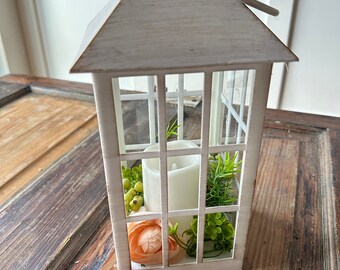 Solar LED Candle Lantern with Peach Ranunculus and Spring Greens | White Candle Lantern | Elegant Outdoor Lighting | Spring Porch Lighting
