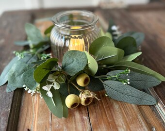 Rustic LED Candle Holder with Lush Greenery and Berry Accents | Cozy Indoor Lighting