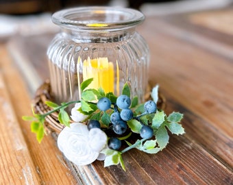 Rustic Farmhouse Glass LED Candle Holder with Blueberry Accents and White Floral Embellishment