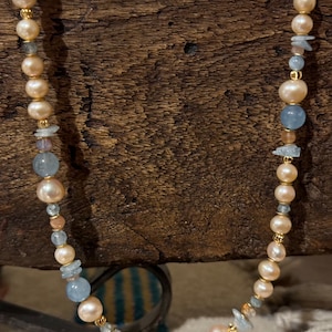 Aquamarine Apatite & Sunstone Multi-transitional Gemstone Necklace w/Peach Color Freshwater Pearls w/accents of Brass and 14K Gold Filled