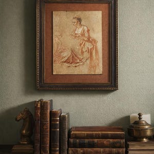 Vintage gerahmt Watteau Print rote Kreide Figur Studie dunkel Academia Wandkunst