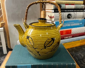 Vintage Japanese Handcrafted Enameled Teapot with Lead Design and Bamboo Handle