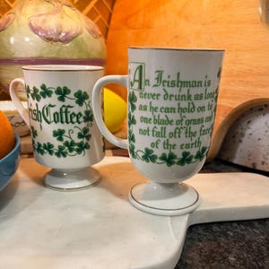 Pair of Vintage Irish Coffee Mugs | Porcelain Footed Cups with Shamrock Design | St. Patrick’s Day Barware- Only One Available!