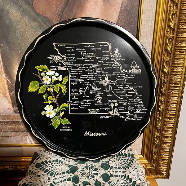 Vintage Missouri Round Tin Souvenir Tray with State Flower