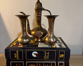 Vintage Etched Brass Mini Tea Set Pitcher Cups