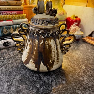 Hand-Thrown Studio Pottery Lidded Jar: Earthy Drip Glaze, Sculptural Handles