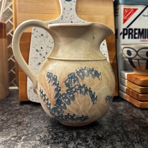 Vintage Signed Pottery Pitcher Vase Blue Floral Studio Ceramic Jug
