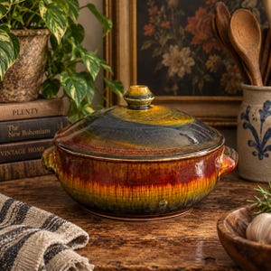 May include: A round ceramic casserole dish with a lid, featuring a glossy glaze in blended shades of deep amber, burnt orange, and dark forest green. The pot has two small side handles and a central knob on the lid, showcasing a vertical drip pattern.