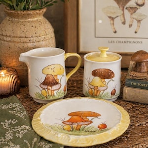 Vintage Mushroom Creamer Sugar Bowl Plate Set Hand Painted Ceramic Cottagecore