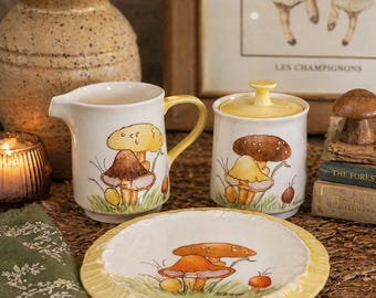 Vintage Pilz Milchkännchen Zuckerdose Teller Set handbemalte Keramik Cottagecore