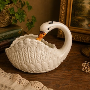 Vintage Large White Ceramic Swan Planter | Mid Century Swan Cachepot