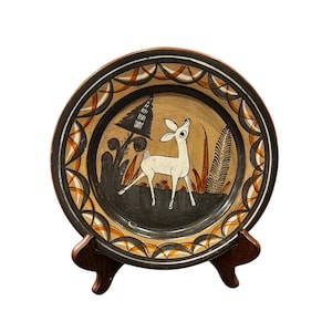 Vintage Tonalá mexikanische Keramik Teller Set - Handbemalte Volkskunst mit Hirsch & Kaninchen (24 cm und 19 cm)