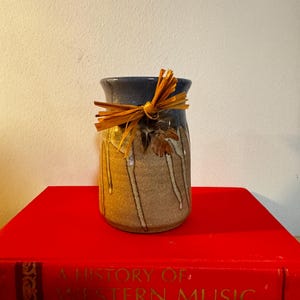 May include: A ceramic vase with a dark blue rim and a tan body with brown drips. The vase is tied with a bundle of dried, orange-brown grass. The vase sits on a red book with gold lettering that reads "A History of Western Music."