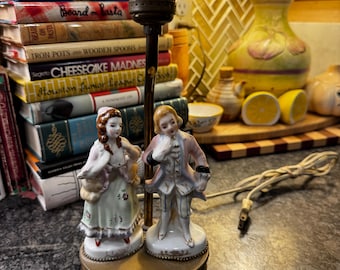 Vintage Porcelain Victorian Couple Table Lamp — Brass Base, Tested and Working