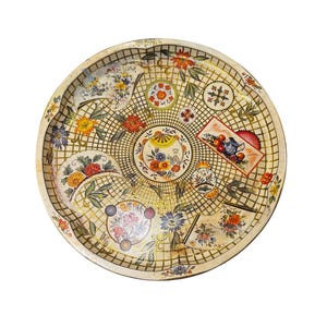 Vintage Daher Decorated Ware Tin Tray – Floral Collage Design, Round Metal Lattice Tray, Made in England, 16”