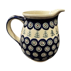 Polish Pottery Bolesławiec Handcrafted Pitcher – Peacock Eye Pattern- Only One Available!